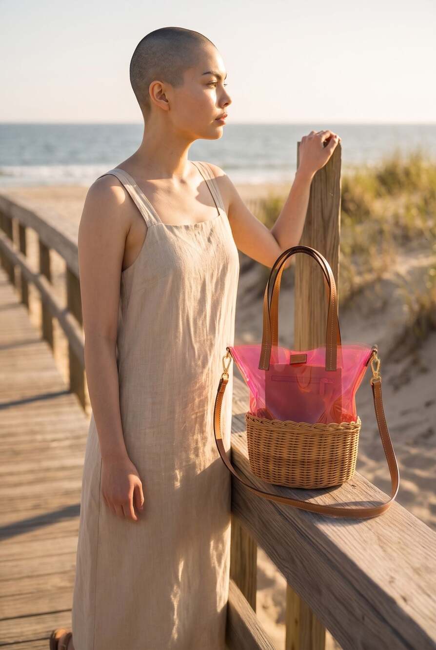 Frances Valentine Medium Wicker and Pink PVC Bucket Bag with Leather Trim